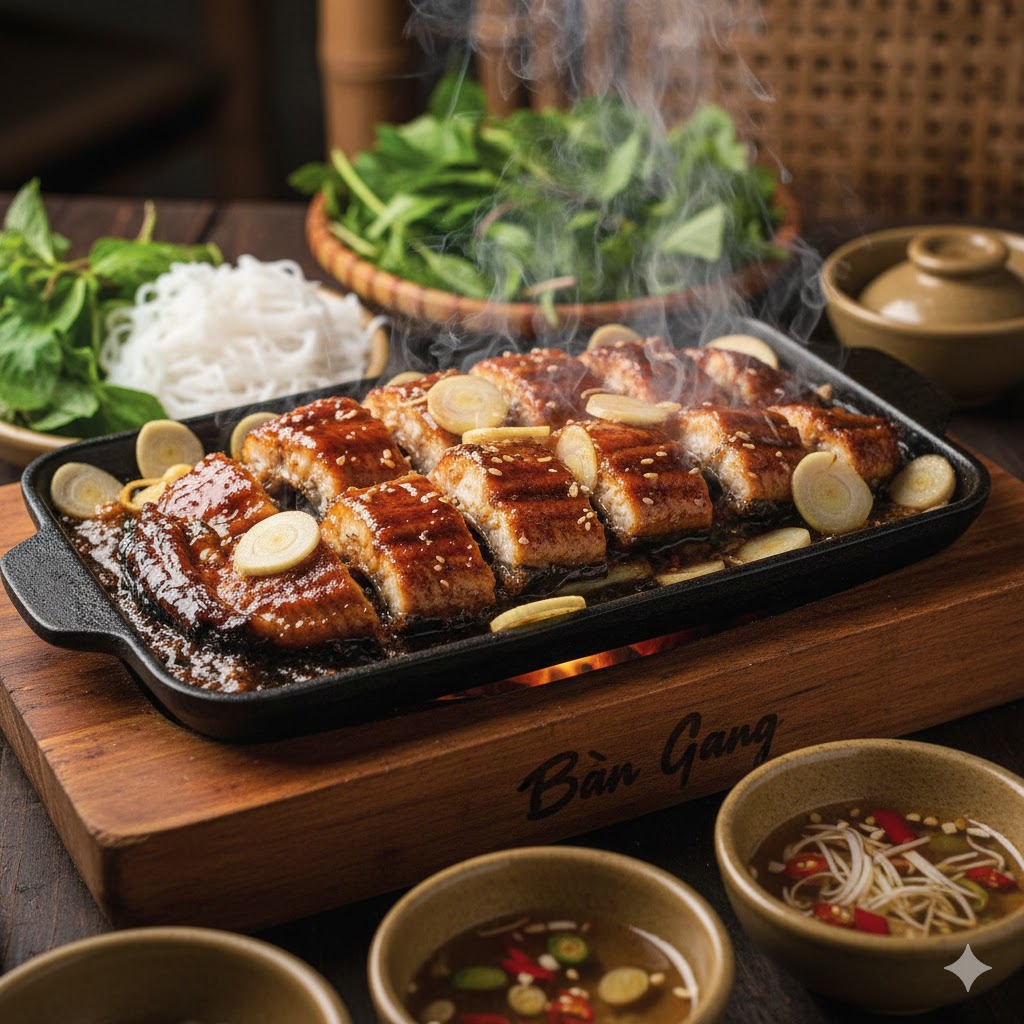 Món Cá Chình Nướng Xì Xèo Bản Gang